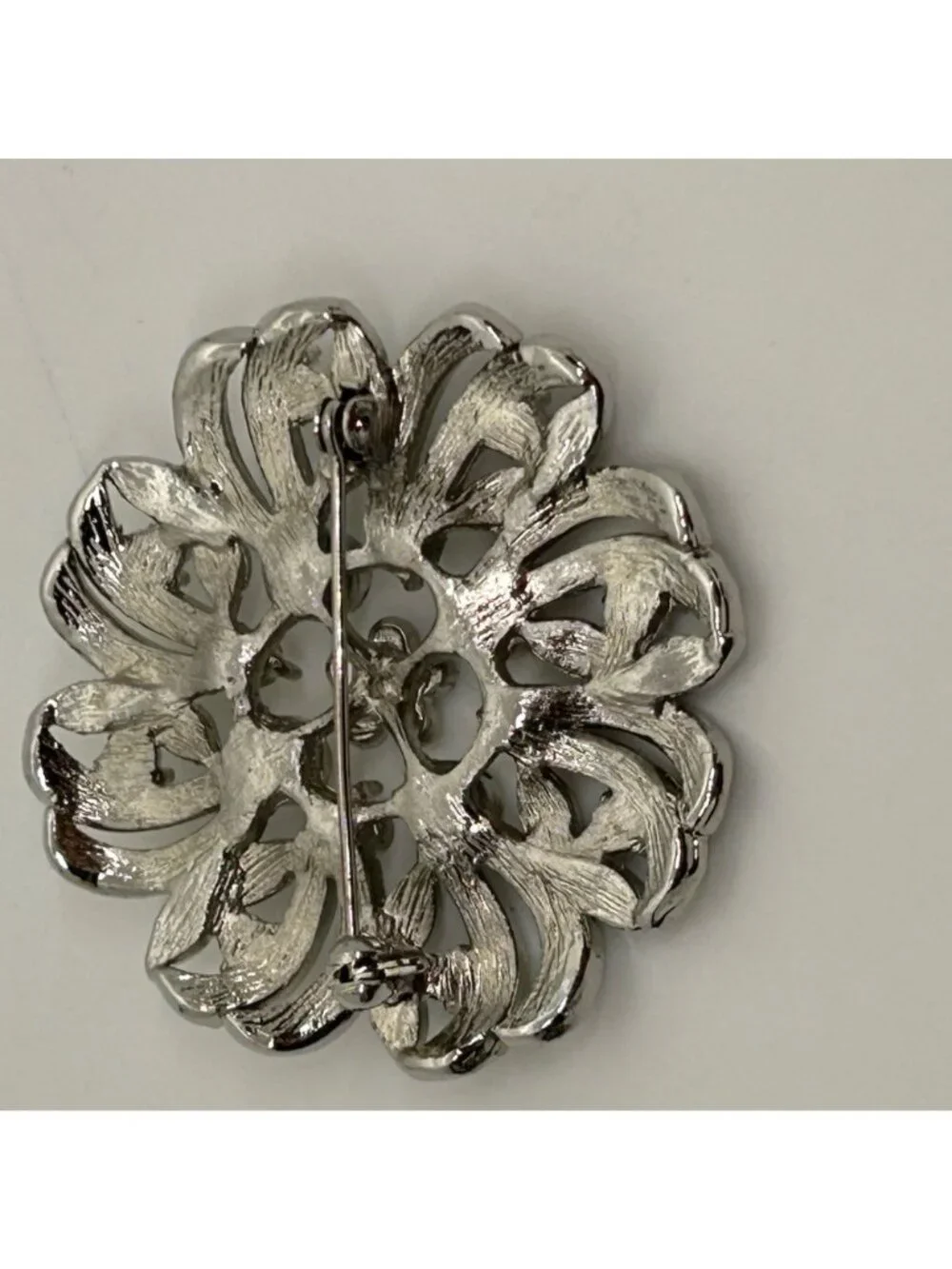 Vintage Aurora Borealis Brooch Rhinestone Silver-tone Pin Floral Starburst